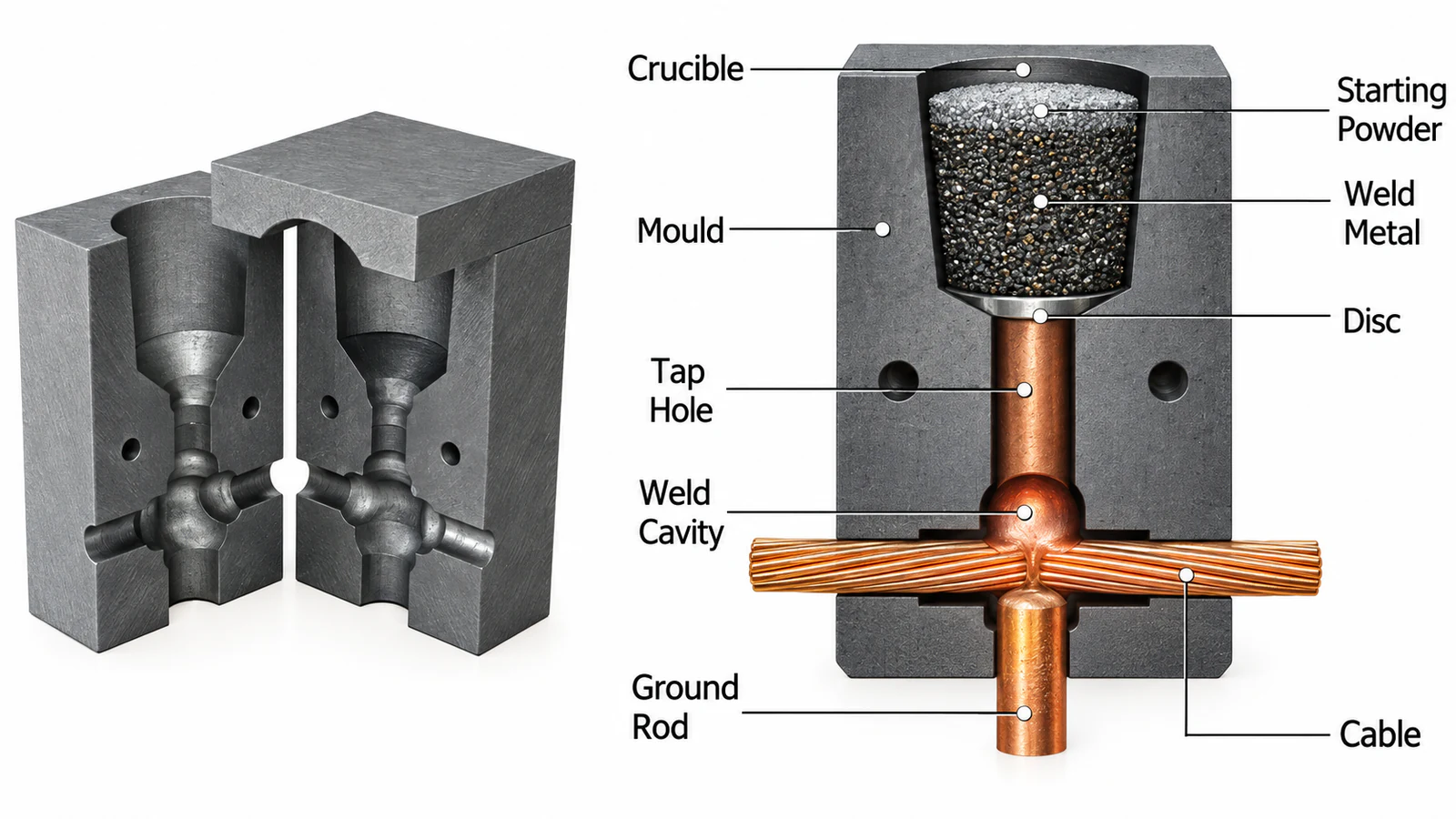 Semi-permanent graphite mould cutaway showing crucible, weld metal, steel disc, tap hole, weld cavity, cable and ground rod