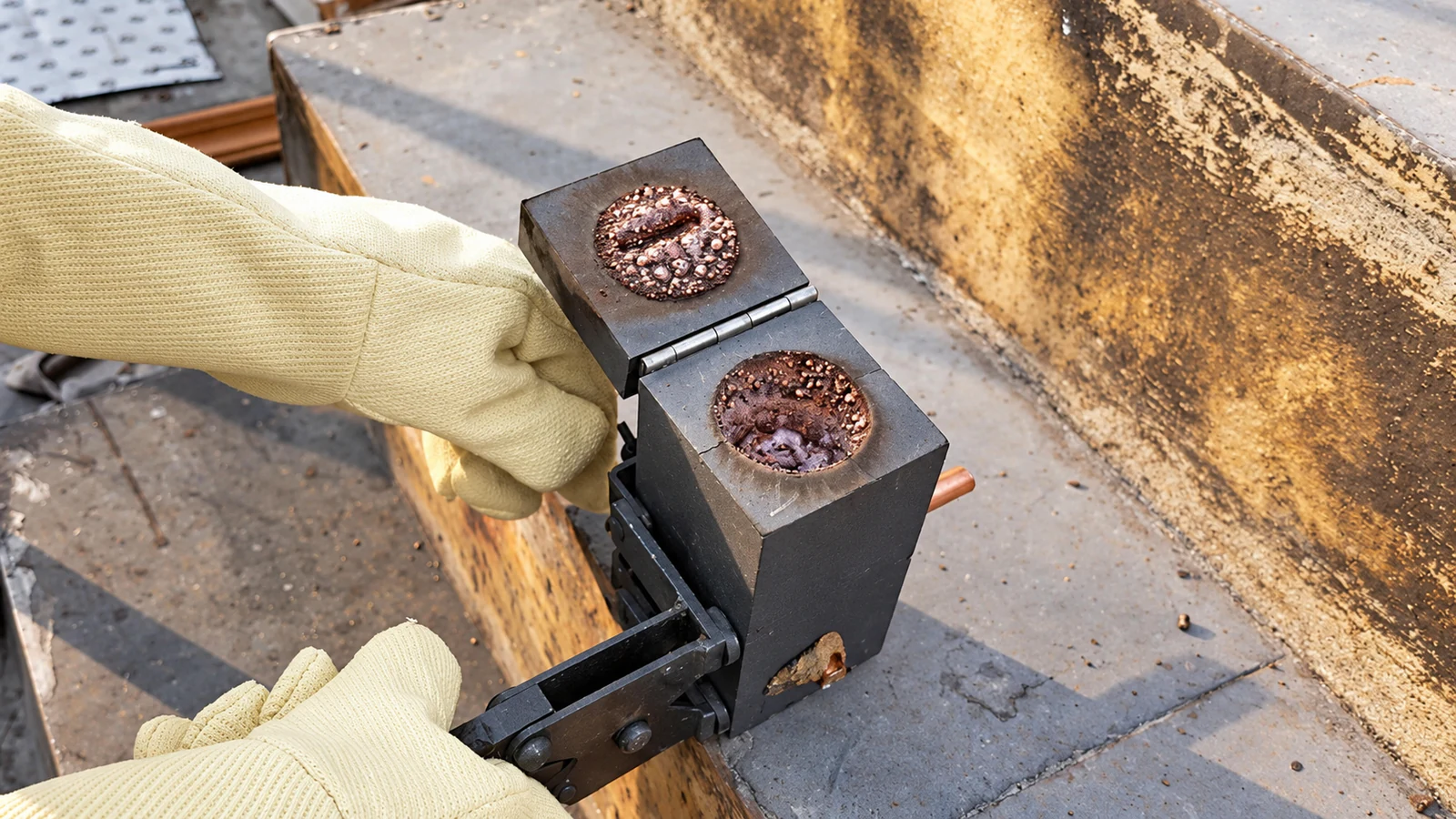 Technician opening a graphite mould after an exothermic weld
